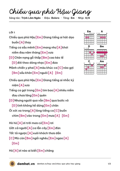 Hợp âm Chiều qua phà Hậu Giang (Phi Nhung) – bản nhạc PDF trang 1, tông Em