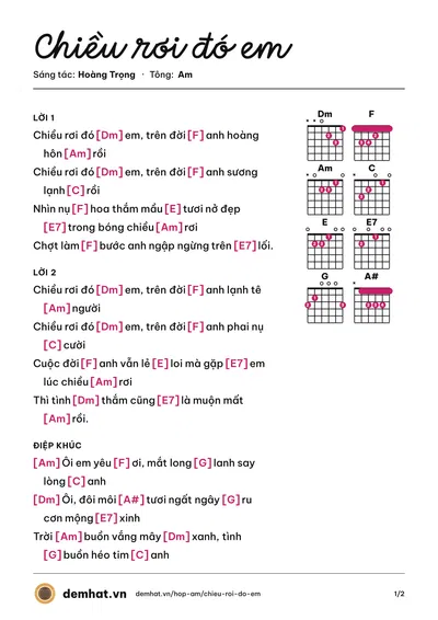 Hợp âm Chiều rơi đó em (CK) – bản nhạc PDF trang 1, tông Am