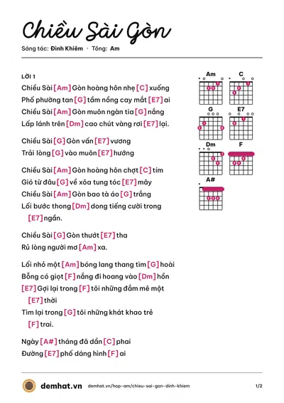Hợp âm Chiều Sài Gòn (Mỹ Hạnh) – bản nhạc PDF trang 1, tông Am