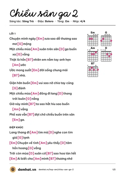 Hợp âm Chiều sân ga 2 (Ý Linh) – bản nhạc PDF trang 1, tông Em