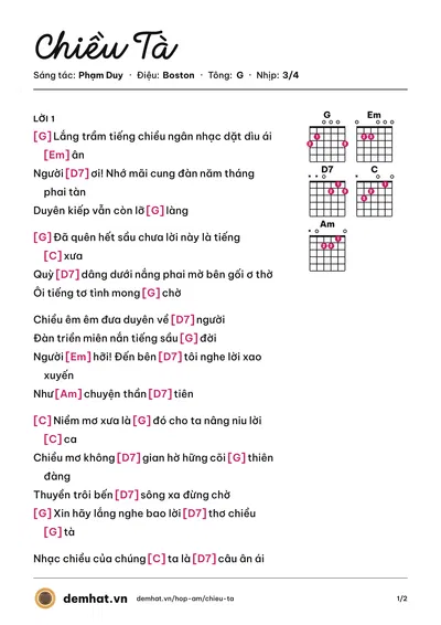 Hợp âm Chiều Tà (Khánh Hà) – bản nhạc PDF trang 1, tông G