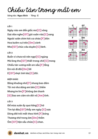 Hợp âm Chiều tàn trong mắt em (Ngọc Long) – bản nhạc PDF trang 1, tông C