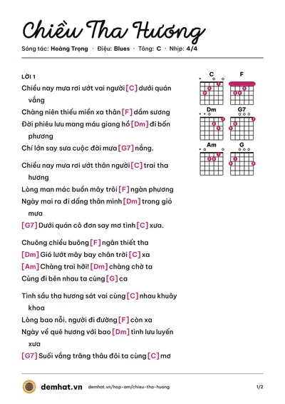 Hợp âm Chiều Tha Hương (Hồng Ngọc) – bản nhạc PDF trang 1, tông C