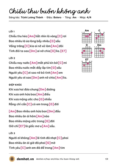 Hợp âm Chiều thu buồn không anh (Thu Hồng) – bản nhạc PDF trang 1, tông Am