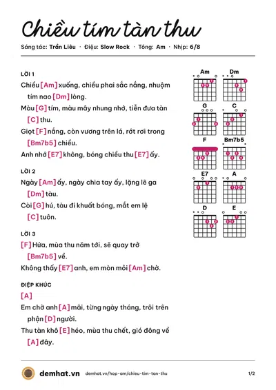 Hợp âm Chiều tím tàn thu (Anh Kim) – bản nhạc PDF trang 1, tông Am