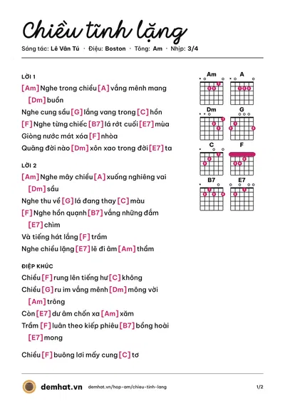 Hợp âm Chiều tĩnh lặng (Lê Vân Tú) – bản nhạc PDF trang 1, tông Am
