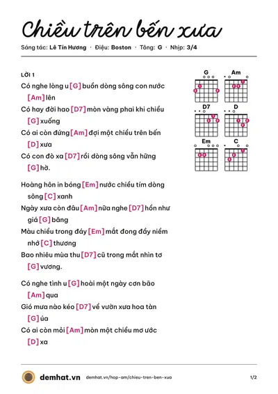 Hợp âm Chiều trên bến xưa (Thanh Hà) – bản nhạc PDF trang 1, tông G
