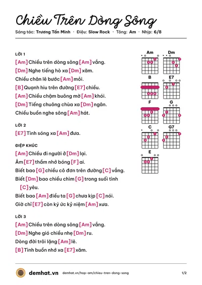 Hợp âm Chiều Trên Dòng Sông (Hạnh Nguyên) – bản nhạc PDF trang 1, tông Am