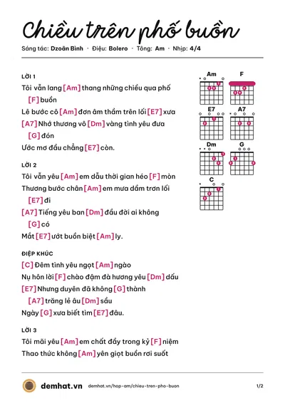 Hợp âm Chiều trên phố buồn (Dzoãn Bình) – bản nhạc PDF trang 1, tông Am