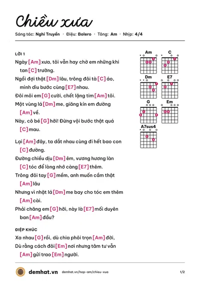 Hợp âm Chiều xưa (Nghi Truyền) – bản nhạc PDF trang 1, tông Am