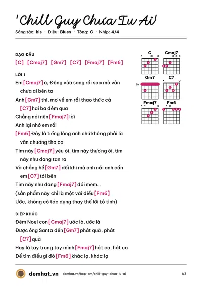 Hợp âm 'Chill Guy Chưa Iu Ai' (kis) – bản nhạc PDF trang 1, tông C