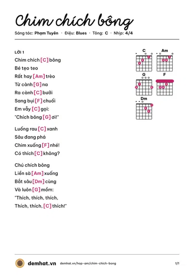 Hợp âm Chim chích bông (Xuân Mai) – bản nhạc PDF trang 1, tông C