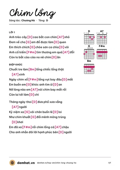 Hợp âm Chim lồng (Cao Huy Thế) – bản nhạc PDF trang 1, tông D