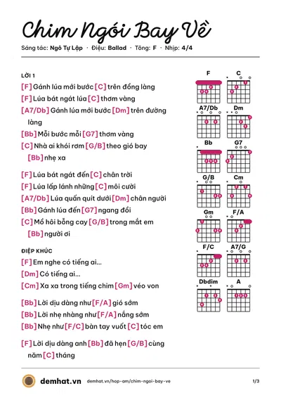 Hợp âm Chim Ngói Bay Về (Thùy Chi) – bản nhạc PDF trang 1, tông F