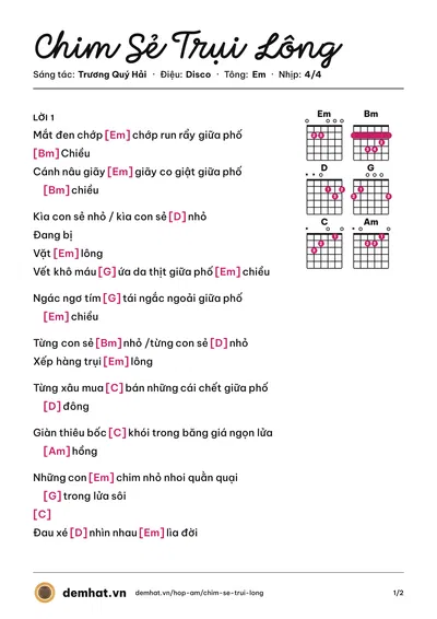 Hợp âm Chim Sẻ Trụi Lông (Hiếu Orion) – bản nhạc PDF trang 1, tông Em