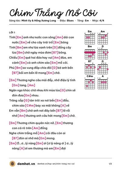 Hợp âm Chim Trắng Mồ Côi (Đan Trường) – bản nhạc PDF trang 1, tông Em