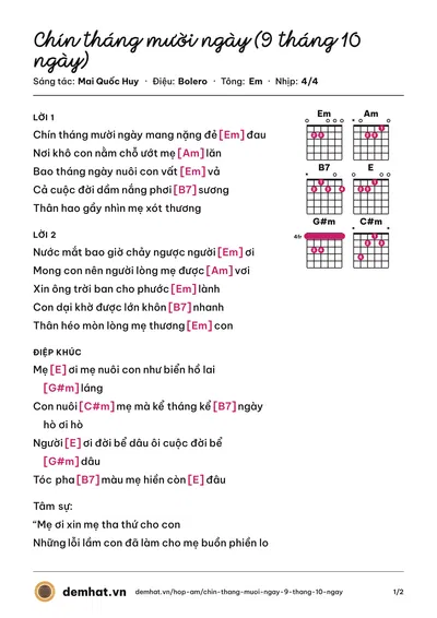 Hợp âm Chín tháng mười ngày (9 tháng 10 ngày) (Mai Quốc Huy) – bản nhạc PDF trang 1, tông Em
