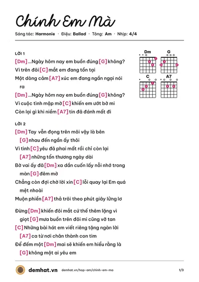 Hợp âm Chính Em Mà (Harmonie) – bản nhạc PDF trang 1, tông Am