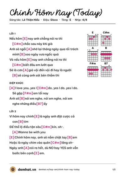 Hợp âm Chính Hôm Nay (Today) (Lê Thiện Hiếu) – bản nhạc PDF trang 1, tông E