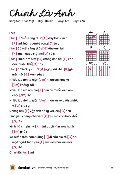 Hợp âm Chính Là Anh (The Men) – bản nhạc PDF trang 1, tông Am