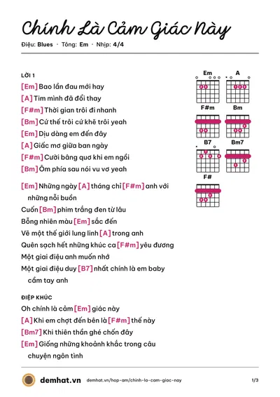 Hợp âm Chính Là Cảm Giác Này (Cường Bạch) – bản nhạc PDF trang 1, tông Em