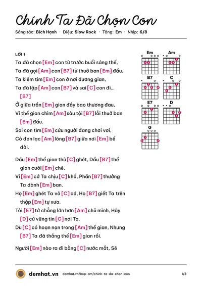 Hợp âm Chính Ta Đã Chọn Con (Bích Hạnh) – bản nhạc PDF trang 1, tông Em