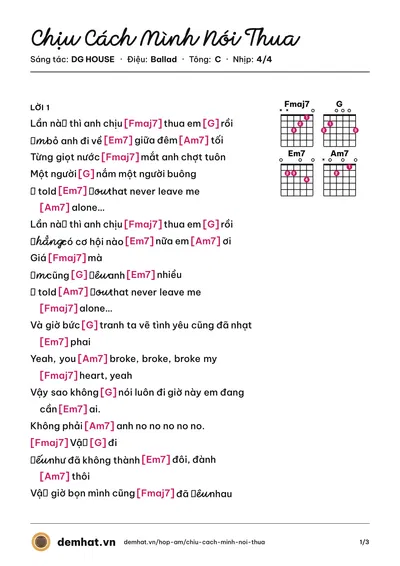 Hợp âm Chịu Cách Mình Nói Thua (Quang Anh Rhyder) – bản nhạc PDF trang 1, tông C