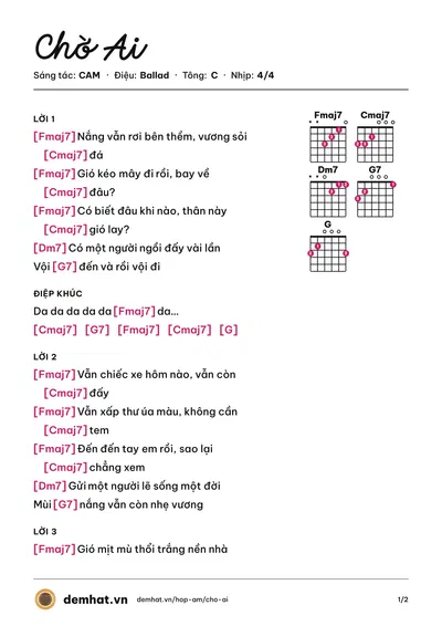 Hợp âm Chờ Ai (CAM) – bản nhạc PDF trang 1, tông C