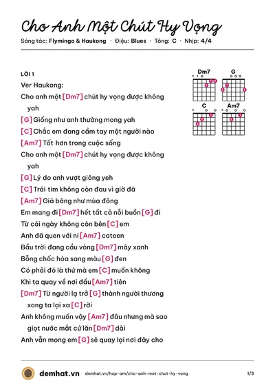 Hợp âm Cho Anh Một Chút Hy Vọng (Haukong) – bản nhạc PDF trang 1, tông C