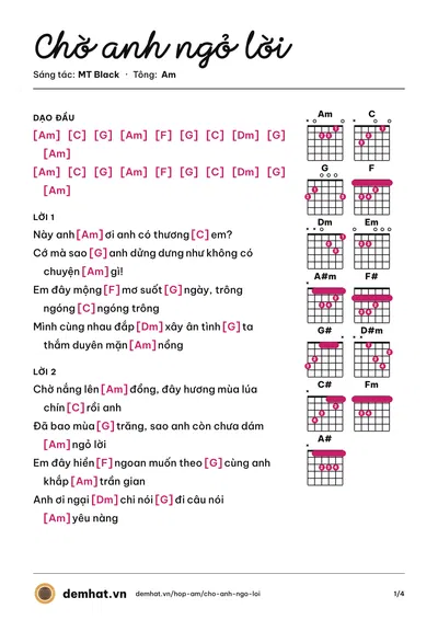 Hợp âm Chờ anh ngỏ lời (Thắm Mini) – bản nhạc PDF trang 1, tông Am