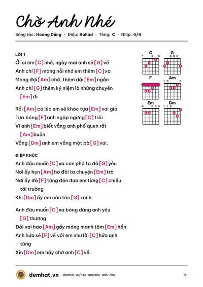 Hợp âm Chờ Anh Nhé (Hoàng Dũng) – bản nhạc PDF trang 1, tông C