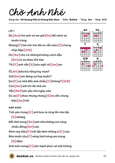 Hợp âm Chờ Anh Nhé (Hồ Quang Hiếu) – bản nhạc PDF trang 1, tông Am