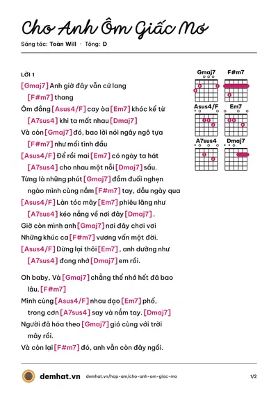 Hợp âm Cho Anh Ôm Giấc Mơ (Toàn Will) – bản nhạc PDF trang 1, tông D