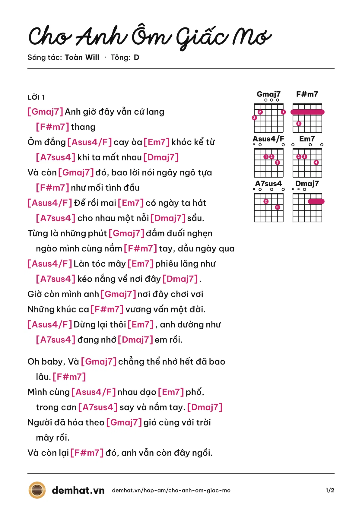 Hợp âm Cho Anh Ôm Giấc Mơ (Toàn Will) – bản nhạc PDF trang 1, tông D