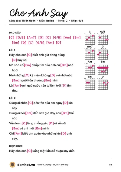 Hợp âm Cho Anh Say (Phan Duy Anh) – bản nhạc PDF trang 1, tông C