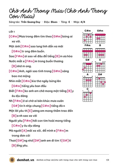 Hợp âm Chờ Anh Trong Mưa (Chờ Anh Trong Cơn Mưa) (Thùy Chi) – bản nhạc PDF trang 1, tông E