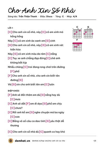 Hợp âm Cho Anh Xin Số Nhà (Elvis Phương) – bản nhạc PDF trang 1, tông C
