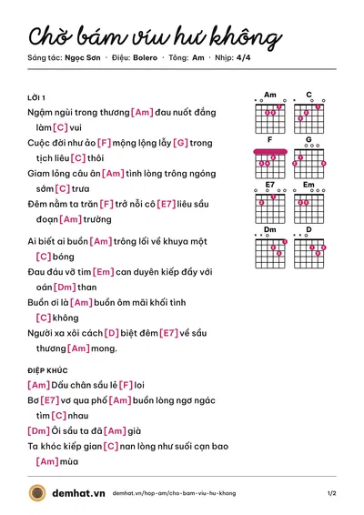 Hợp âm Chờ bám víu hư không (Quỳnh Trang) – bản nhạc PDF trang 1, tông Am