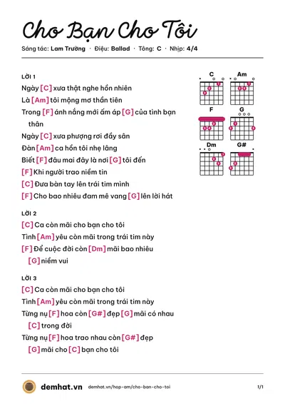 Hợp âm Cho Bạn Cho Tôi (Lam Trường) – bản nhạc PDF trang 1, tông C