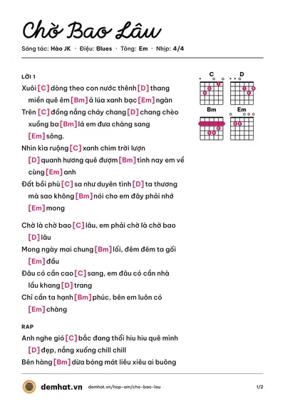 Hợp âm Chờ Bao Lâu (Hào JK) – bản nhạc PDF trang 1, tông Em