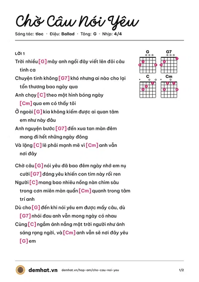 Hợp âm Chờ Câu Nói Yêu (tloc) – bản nhạc PDF trang 1, tông G