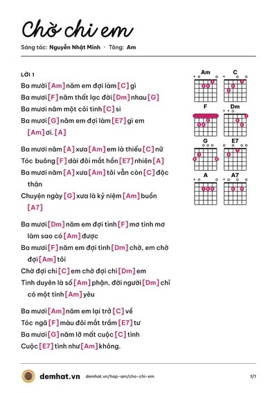 Hợp âm Chờ chi em (Mai Trang) – bản nhạc PDF trang 1, tông Am
