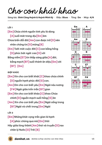 Hợp âm Cho con khát khao (Mai Thiên Vân) – bản nhạc PDF trang 1, tông Em