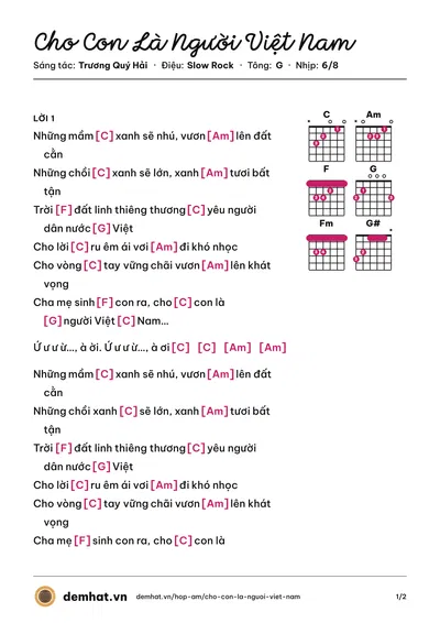 Hợp âm Cho Con Là Người Việt Nam (Trương Quý Hải) – bản nhạc PDF trang 1, tông G
