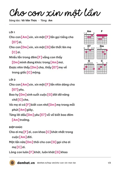 Hợp âm Cho con xin một lần (Văn Vũ) – bản nhạc PDF trang 1, tông Am