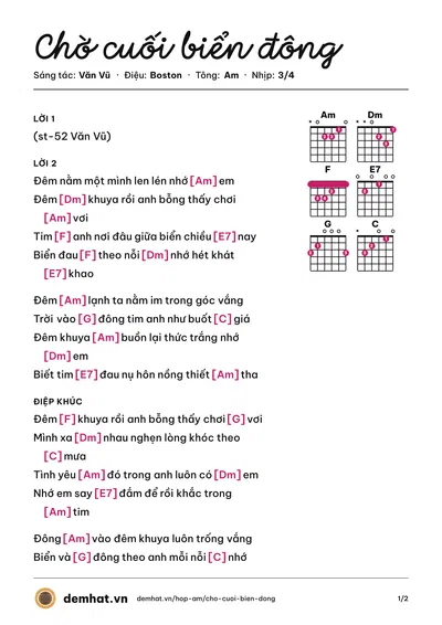 Hợp âm Chờ cuối biển đông (Văn Vũ) – bản nhạc PDF trang 1, tông Am