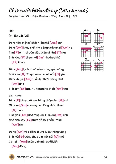 Hợp âm Chờ cuối biển đông (lời cho nữ) (Văn Vũ) – bản nhạc PDF trang 1, tông Am