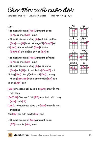 Hợp âm Cho đến cuối cuộc đời (Hồ Hoàng Yến) – bản nhạc PDF trang 1, tông Am