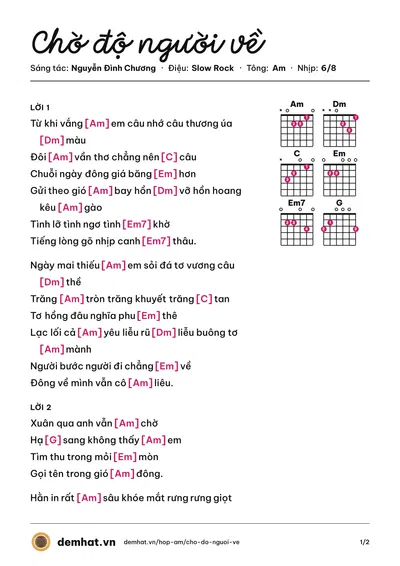 Hợp âm Chờ độ người về (Nguyễn Đình Chương) – bản nhạc PDF trang 1, tông Am