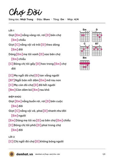 Hợp âm Chợ Đời (Nhật Trung) – bản nhạc PDF trang 1, tông Em